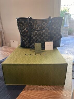 Gucci Ophidia Blackand cream GG Canvas Tote with Leather Trim